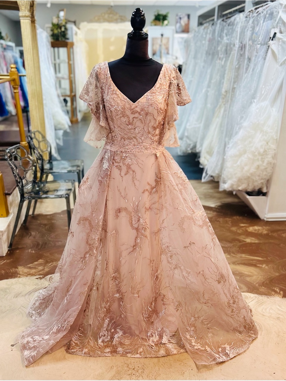 Blush Lace Appliqué V-Neck Prom Gown